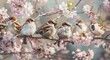 A group of cute little birds perched on the branch, with pink flowers in springtime Generative AI