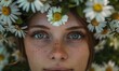 Daisies arranged in a floral crown, young woman in floral crown, nature beauty
