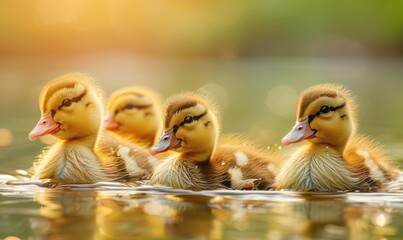 Wall Mural - Ducklings swimming in a pond, close up view