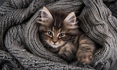 Wall Mural - Maine Coon kitten curled up in a cozy knitted blanket