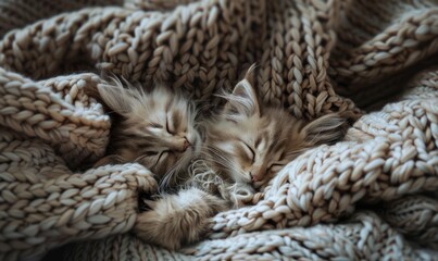 Wall Mural - Maine Coon kittens curled up in a cozy knitted blanket