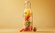 Sleek glass bottle mockup featuring a vibrant cold-pressed juice with fresh fruits and vegetables depicted on the label