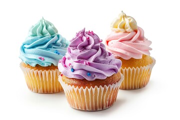 Wall Mural - Tasty cupcakes with butter cream and sprinkles on white background