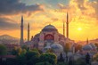 A Sunset View of the Blue Mosque in Turkey, Historic city of Istanbul with the majestic Hagia Sophia during golden hour, AI Generated