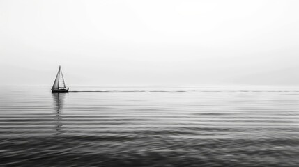 Wall Mural - A lone sailboat on a calm ocean with a minimalist wave pattern AI generated illustration