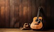 © Olha - Acoustic guitar, cowboy hat arranged on a clean background of wooden planks