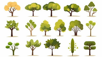 A set of green trees, vector illustration, in the style of watercolor, white background, simple design, high resolution