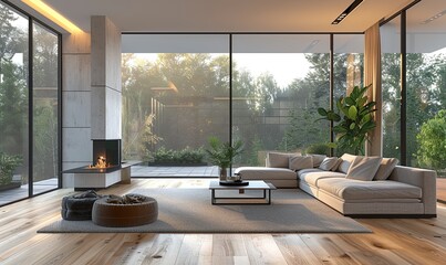 Wall Mural - Beautiful living room interior with hardwood floors and fireplace in new luxury home.