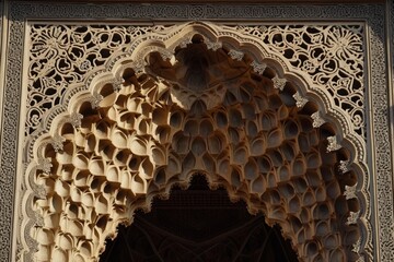 Sticker - This photo showcases a detailed view of a building, highlighting a single window as the main focal point, Intricate geometric patterns in mosque architecture, AI Generated