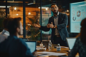 Wall Mural - A man confidently stands in front of a diverse group of individuals, engaging in conversation and leading a discussion, Leader addressing a business team during a brainstorming session, AI Generated