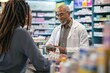 A pharmacist is engaged in a conversation with a customer, providing assistance and guidance in a bustling pharmacy, Pharmacist standing at the counter helping the customer, AI Generated