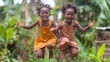 Two Joyful African Girls Jumping in Afternoon Sunlight Generative AI