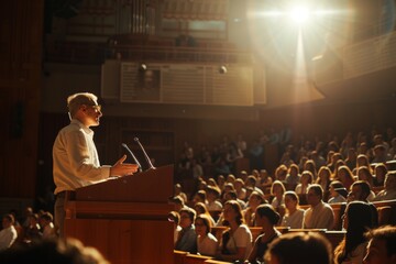 Poster - A man confidently addresses a large crowd from a podium, delivering his speech with conviction and authority, Reality depiction of a professor lecturing in a university setting, AI Generated