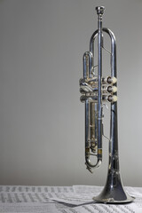 Wall Mural - A view of the musical instrument which is the trumpet against the background of the sheet music