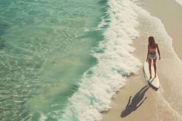 Sticker - Woman Standing on Surfboard on Beach, Surfer girl paddling out to the waves with long, white sandy beach as backdrop, AI Generated