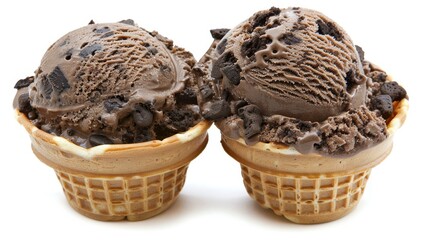 Poster - two scoops of ice cream with chocolate chip toppings on top of each ice cream cone on a white background.