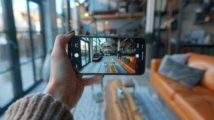 Female hand holding smartphone with an augmented reality display showing a chair.