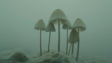 Sticker - a group of mushrooms sitting on top of a pile of sand in the middle of a foggy forest on a foggy day.