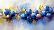 a painting of a bunch of blueberries on a branch with leaves and water droplets on the surface of the painting.