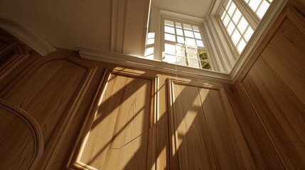 Canvas Print - the sun shines through a window in a sauna room with wood paneling and a wood paneled door.