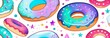 © Anzelika - Variety of vibrant glazed donuts displayed on soft pink background, enticing with their colorful toppings, delicious allure. For cafe, pastry shop website, dessert advertisements, restaurant menu.