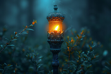 Wall Mural - a torch illuminating a dark forest, guiding lost travelers. concept of offering guidance and illumin