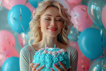 Wall Mural - A middle-aged woman surrounded by balloons and streamers, holding a cake with the number 