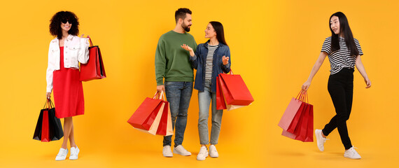 Wall Mural - Happy people with shopping bags on orange background, set with photos