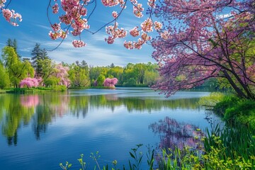 Wall Mural - A serene lake surrounded by cherry blossom trees in full bloom, reflecting the vibrant pink hues of spring on its calm surface Generative AI