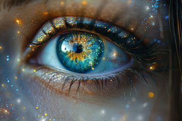 eye iris with digital reflections and futuristic elements, technology in vision, futuristic artwork