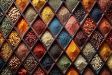 A mosaic of vibrant spices arranged in geometric patterns, showcasing the rich tapestry of flavors from around the globe. Concept of global spice diversity. Generative Ai.