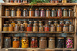 A wooden spice rack meticulously organized with an assortment of piquant seasonings, exemplifying the art of culinary curation. Concept of well-arranged spice storage. Generative Ai.
