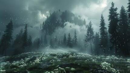 Wall Mural - A forest with a mountain in the background and some clouds, AI