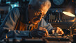 An elderly artisan repairs an analogic watch with precision, under the warm light of a lamp in a workshop filled with horological tools and vintage ambiance.