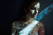 Portrait of woman covered with laser lights. Learning AI model. Futuristic interaction of human and new technology. Scanning identity. Science research