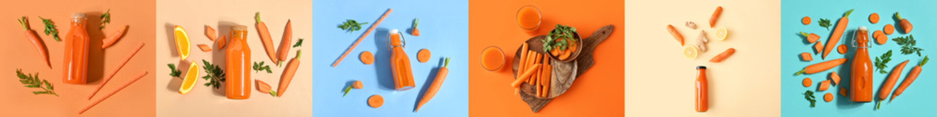 Wall Mural - Set of healthy carrot juice on color background, top view