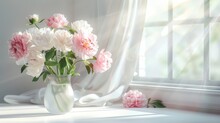 Peonies In Sunbeams: A Vase Filled With Pink And White Blooms On A Windowsill Generative AI