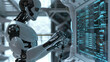 Robot humanoid working with programming code on screen. 3D rendering
