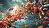 Fototapeta Do akwarium - 3d rendering of bacteria and viruses in abstract background with copy space