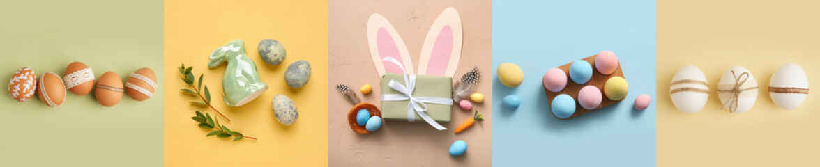 Canvas Print - Collage with many Easter eggs and decorations on color background