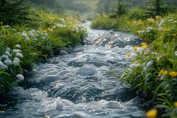 Wall Mural - a babbling brook winding through a verdant meadow, harmonizing with the melody of chirping birds. co