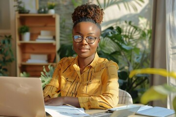 African American female professional preparing tax file.