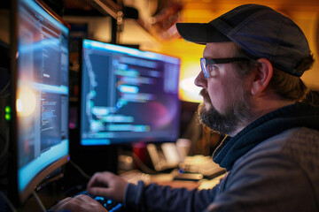 computer programmer developing software using network monitor