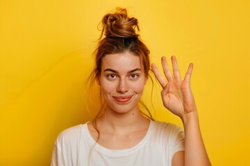 Wall Mural - portrait of a happy young woman on a yellow orange background