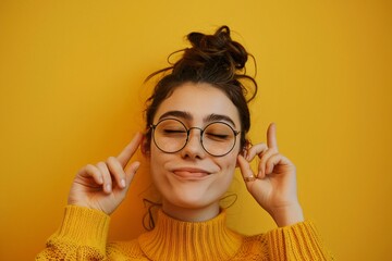 Wall Mural - portrait of a happy young woman on a yellow background