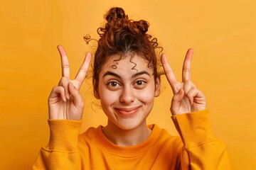 Wall Mural - portrait of a happy young woman on a yellow, orange background	
