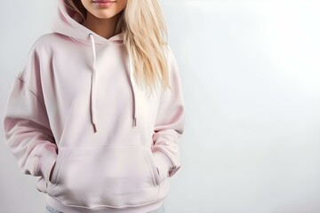 Wall Mural - Girl In Pink Hoodie Mockup On White Background. Concept Fashion Mockup, Pink Hoodie, White Background, Girly Attire, Casual Wear
