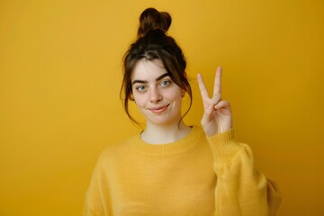 Wall Mural - portrait of a happy young woman on a yellow background	
