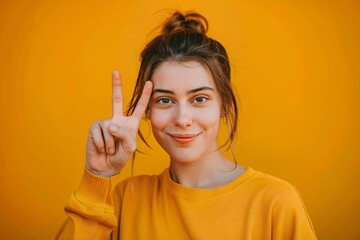 Wall Mural - portrait of a happy young woman on a yellow, orange background	

