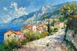 Idyllic Mediterranean coastal town with mountainous backdrop, oil painting